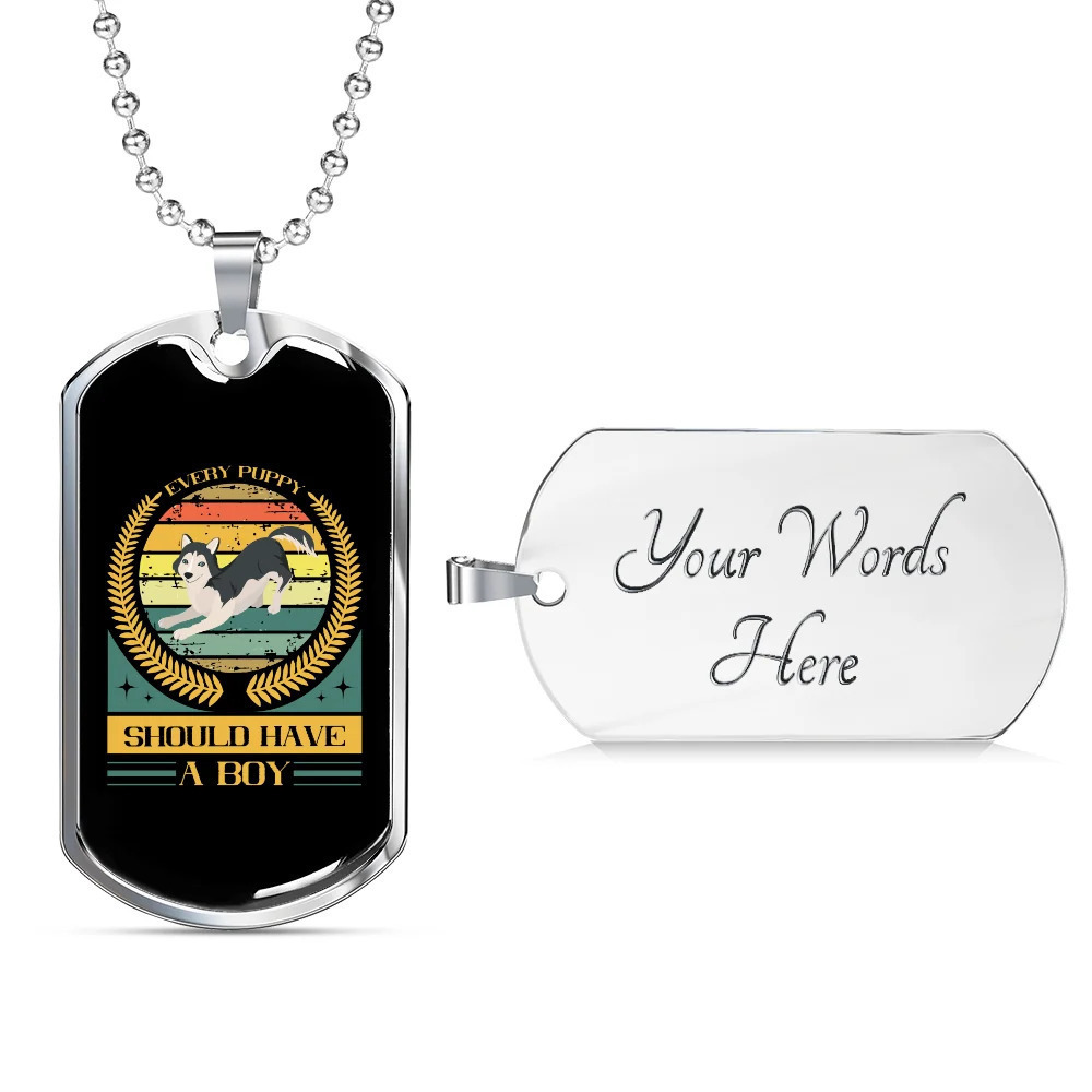 Puppy Boy Yellow Personalized Engraved Silver Dog Tag Necklace Custom Name Date